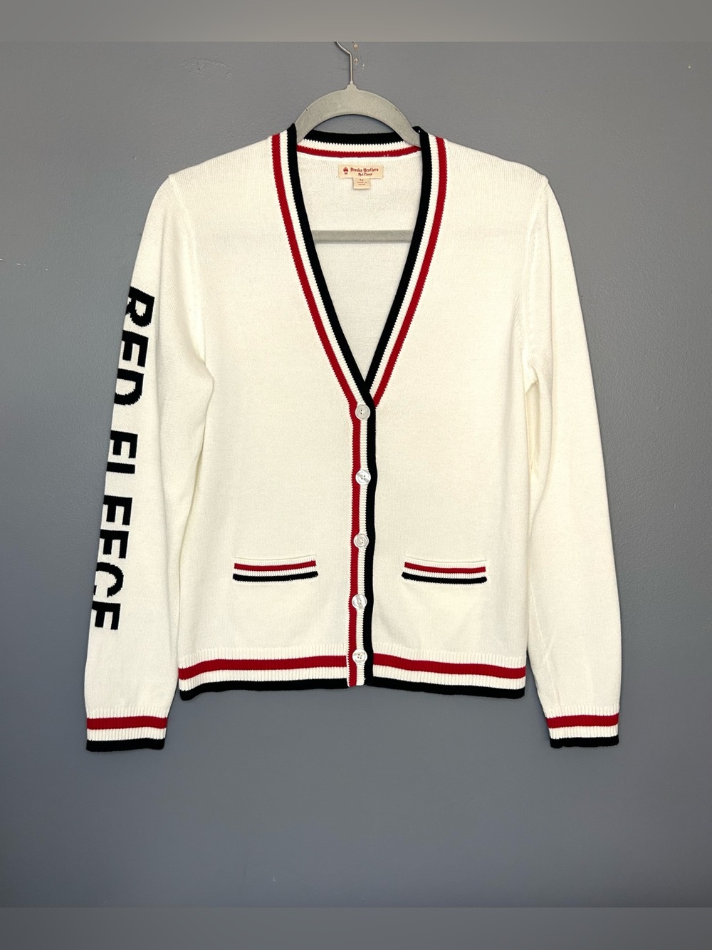 Brooks Brothers Red Fleece Sweater Women M White V Neck Cardigan Preppy Academia